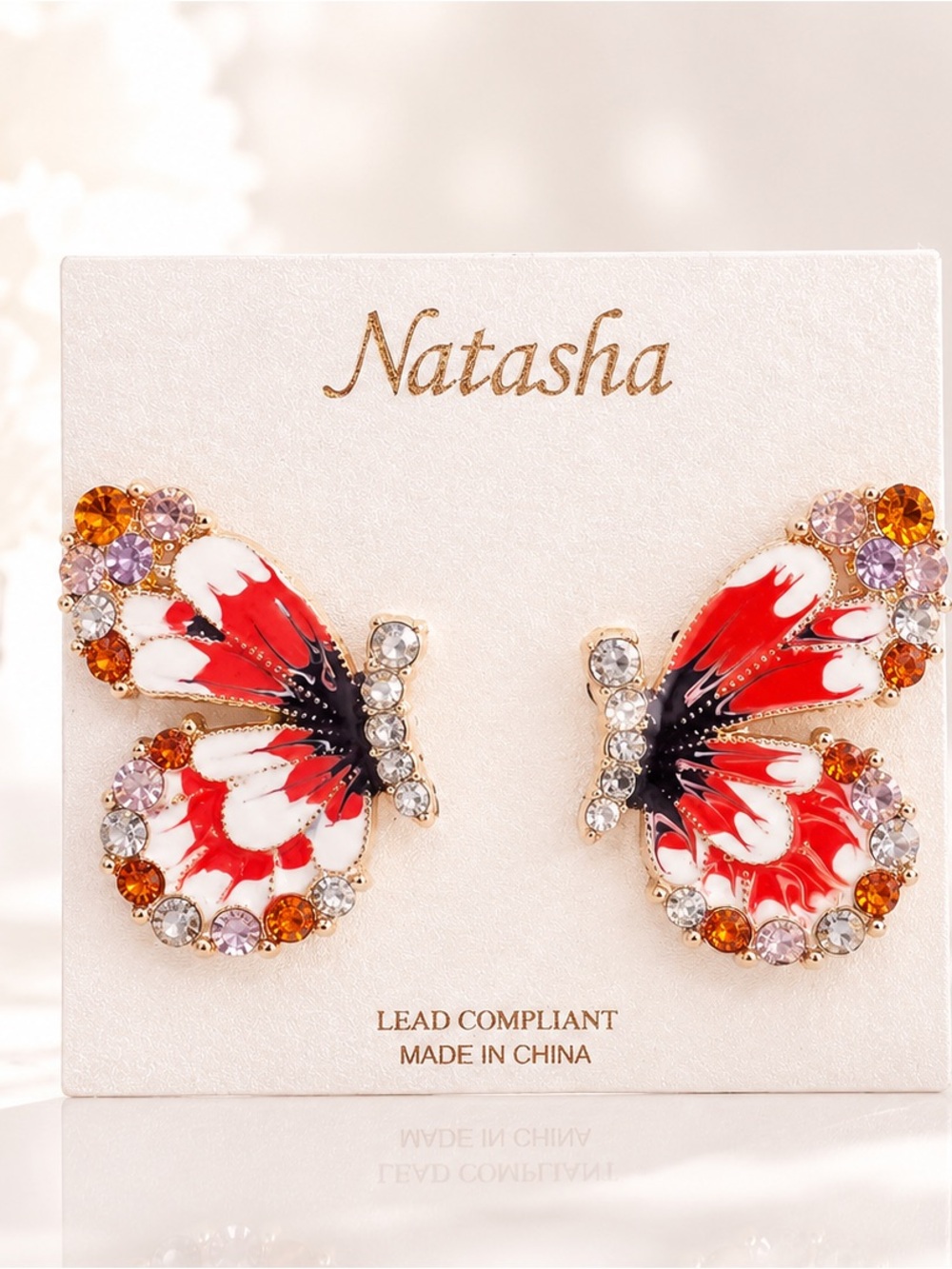 Natasha Couture Red and White Butterfly Crystal Enamel Stud Earrings